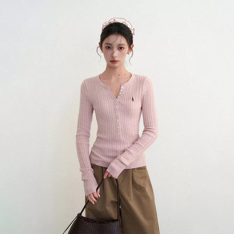 Pink V-neck twist sweater sweater RI71