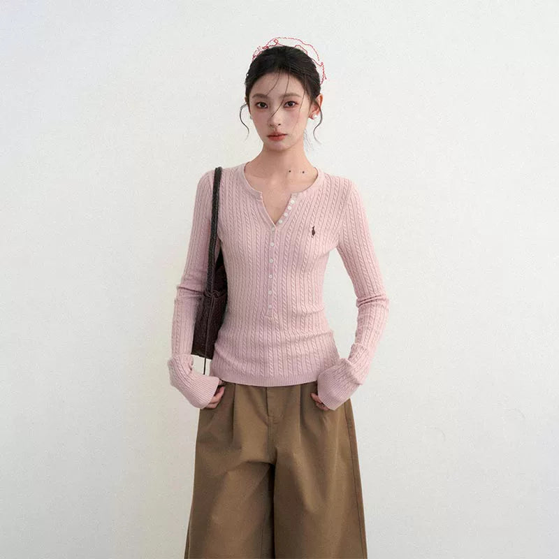 Pink V-neck twist sweater sweater RI71