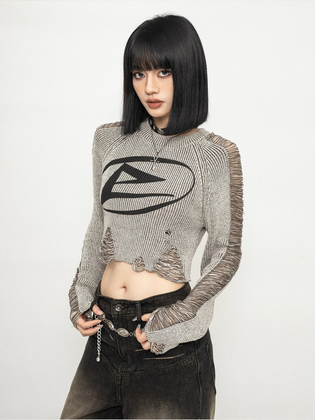 OCTTFLAB Fall/Winter Sweet Cool American Retro Style Ripped Brushed Knit Cropped Pullover Sweater Blouse Women