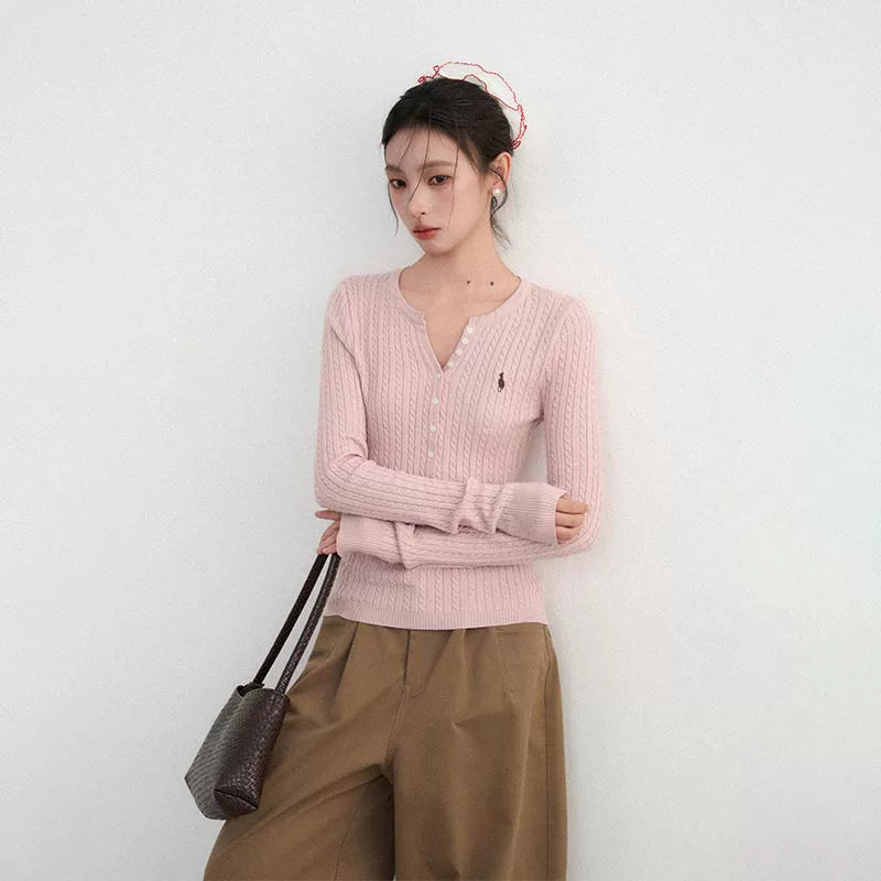 Pink V-neck twist sweater sweater RI71