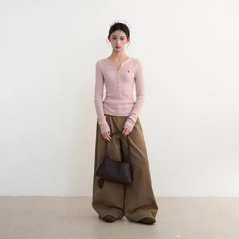 Pink V-neck twist sweater sweater RI71