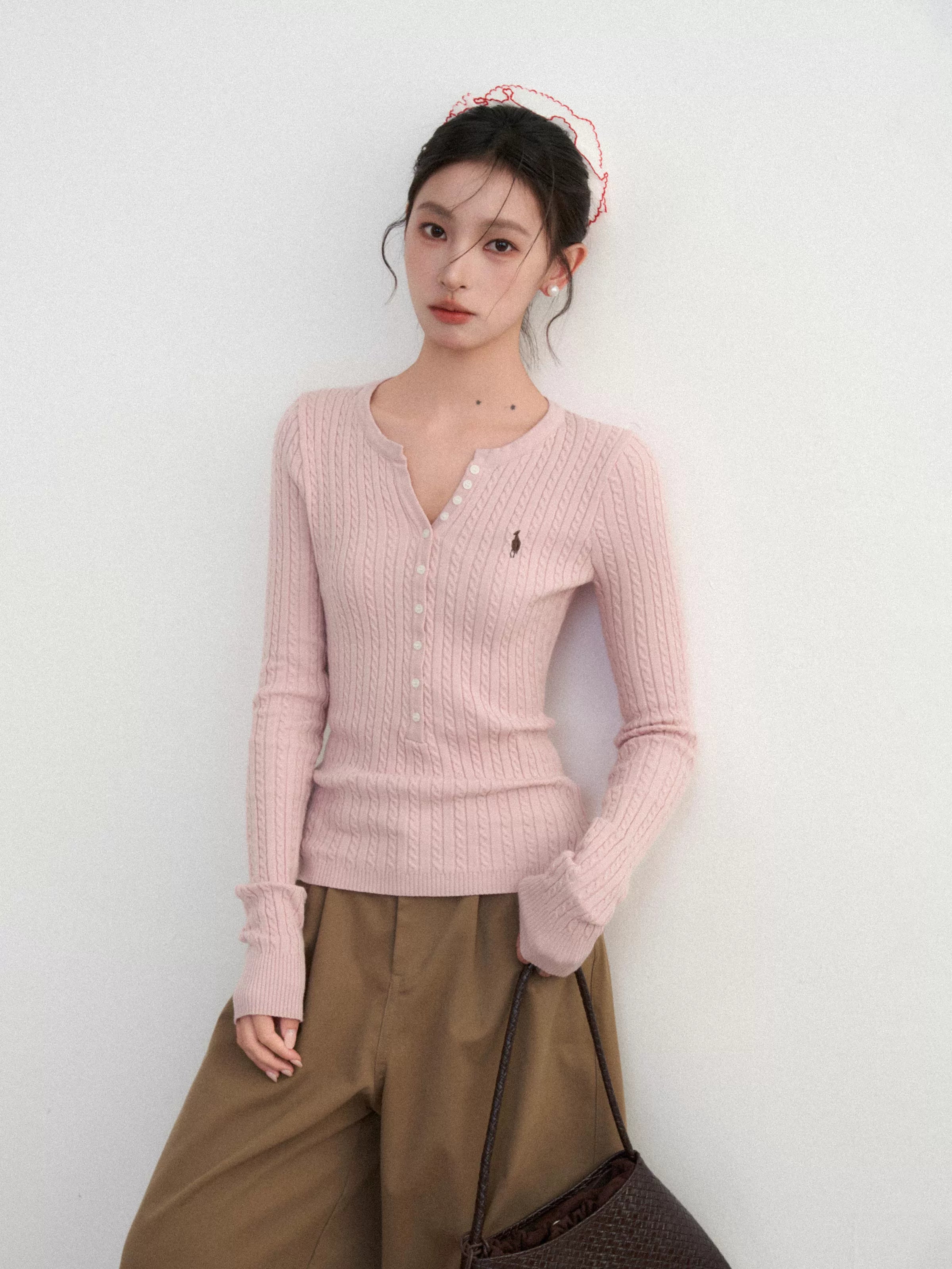 Pink V-neck twist sweater sweater RI71