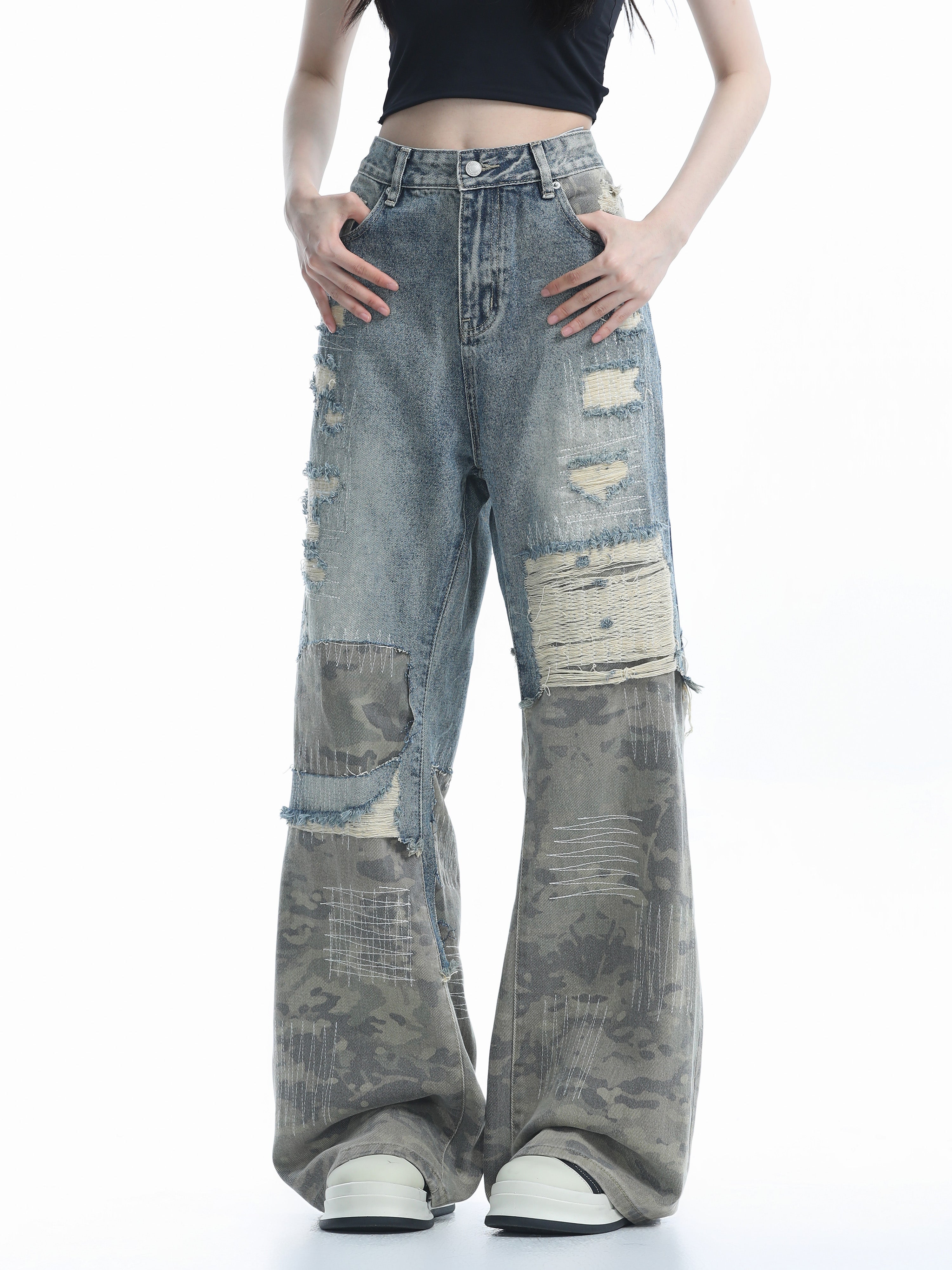 Ripped camouflage wide-leg jeans RI27