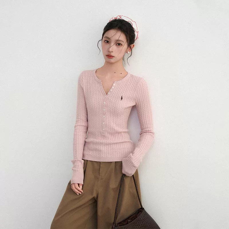 Pink V-neck twist sweater sweater RI71
