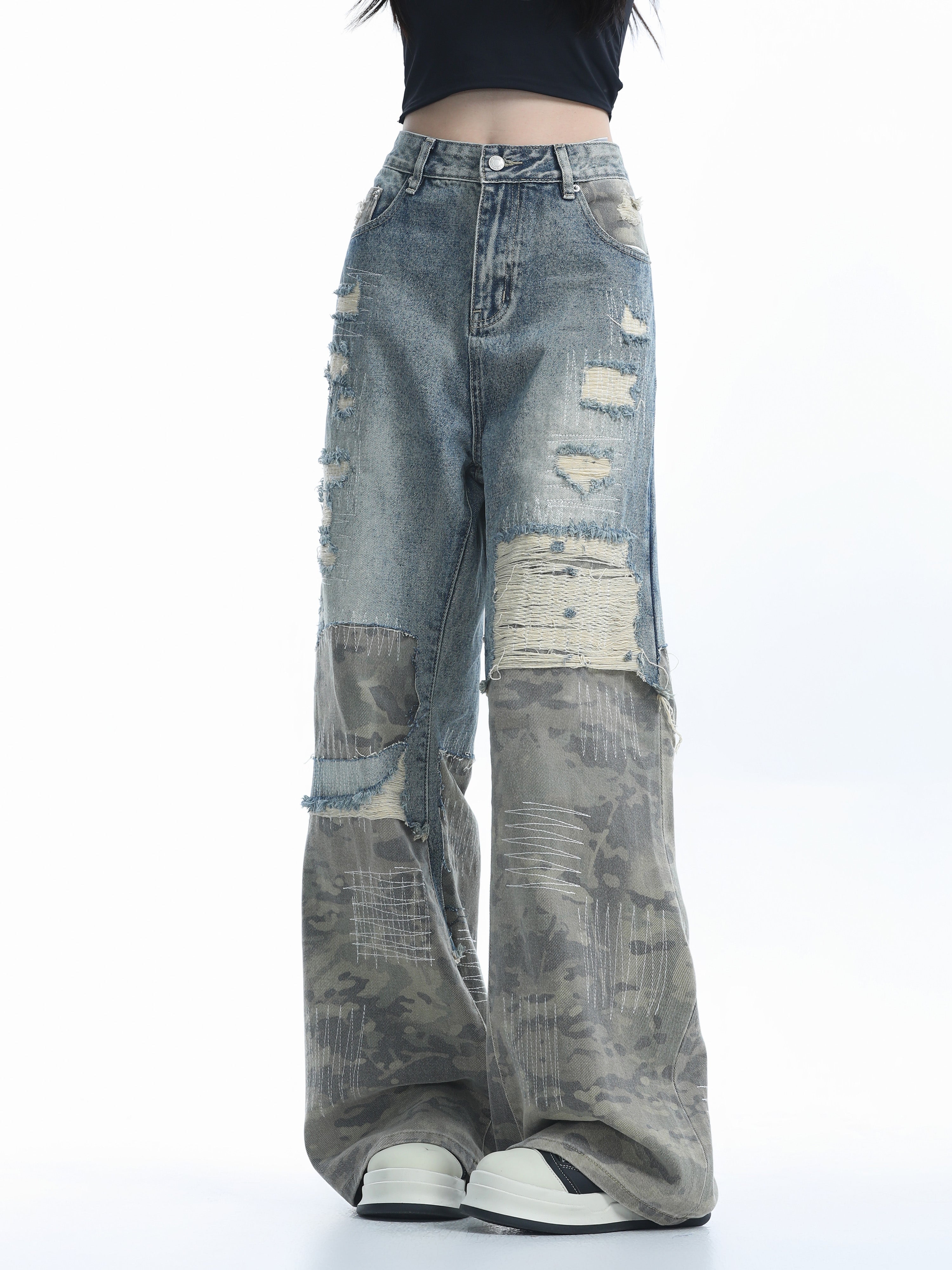 Ripped camouflage wide-leg jeans RI27