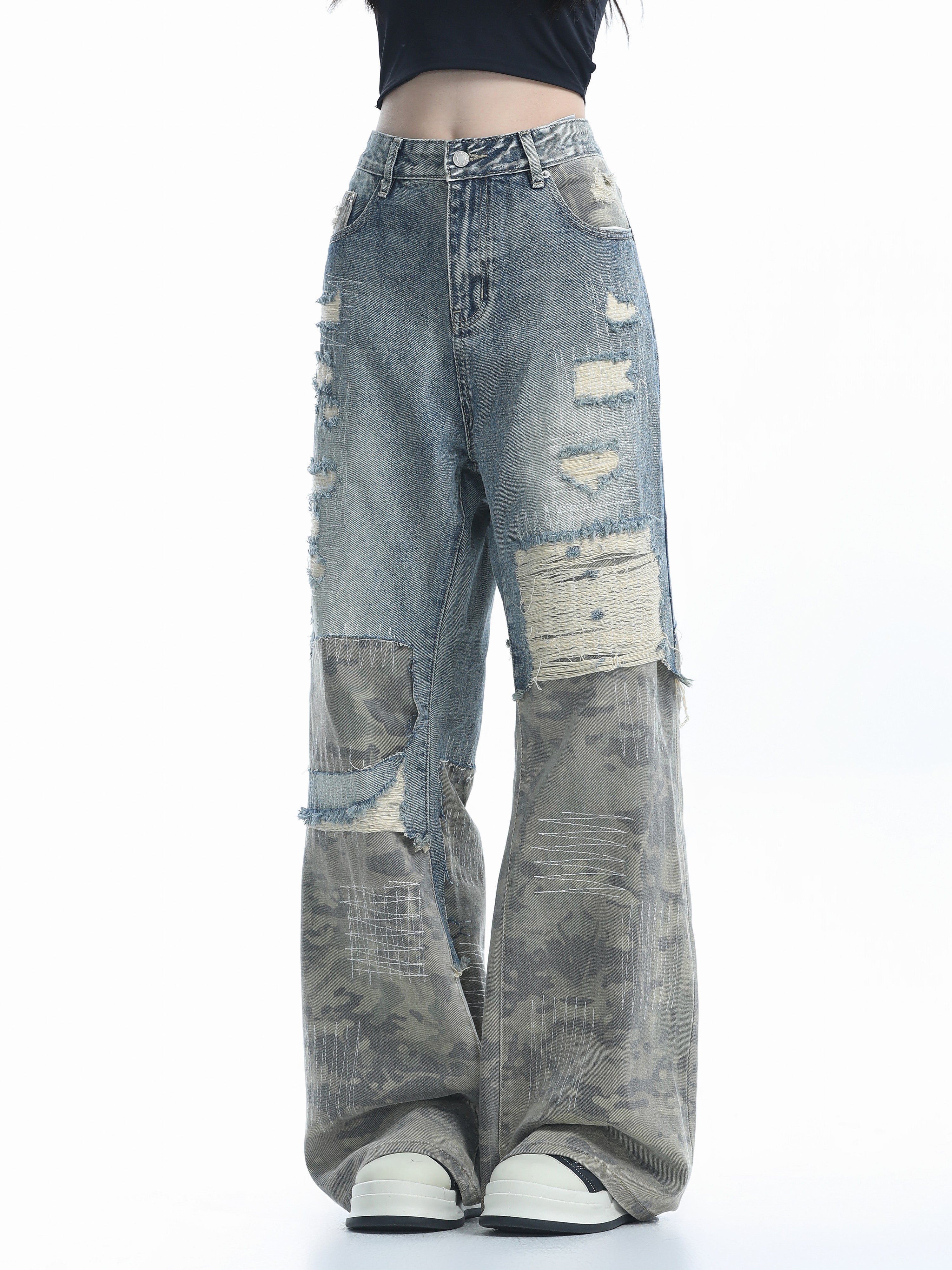 Ripped camouflage wide-leg jeans RI27