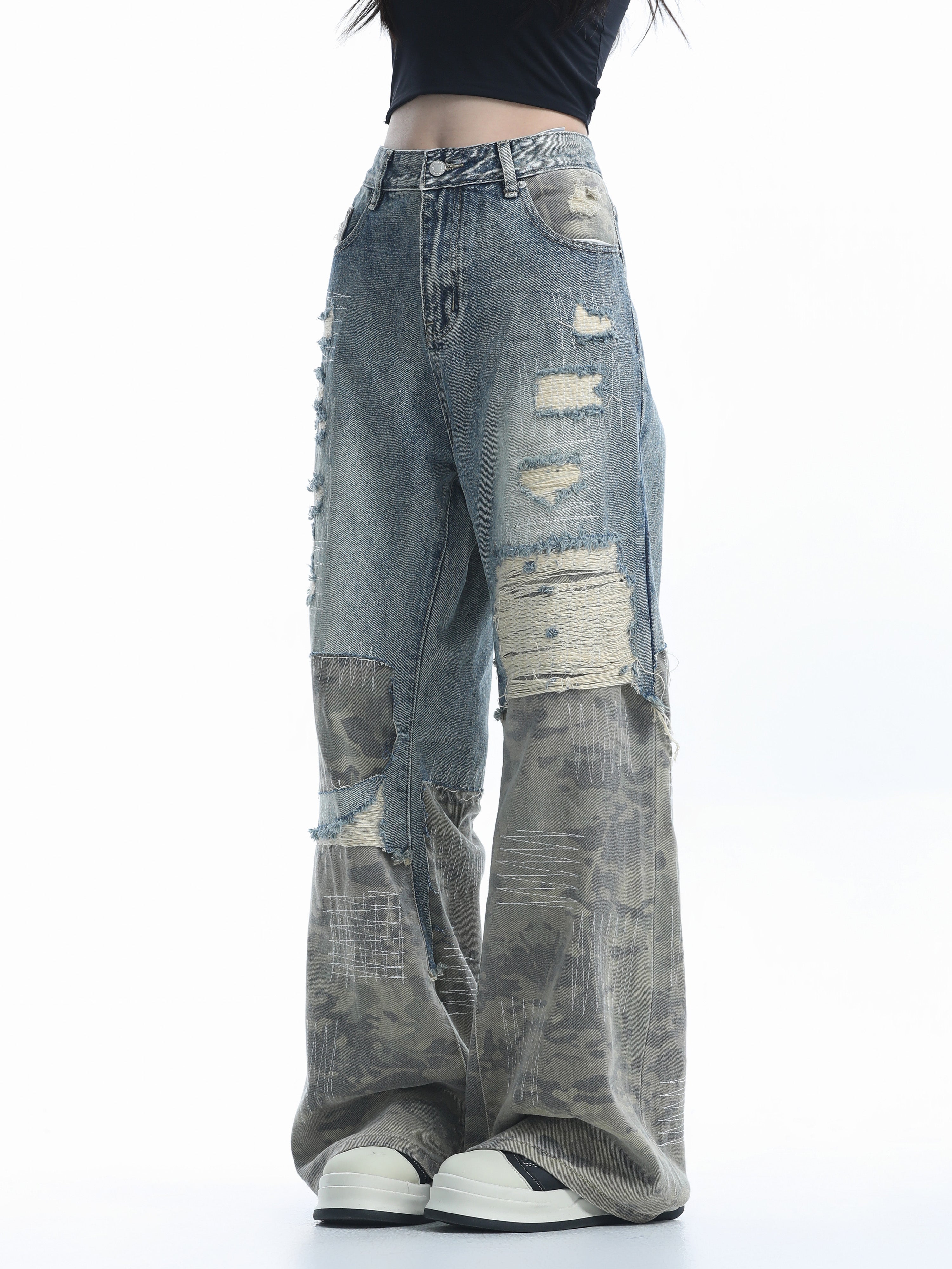 Ripped camouflage wide-leg jeans RI27